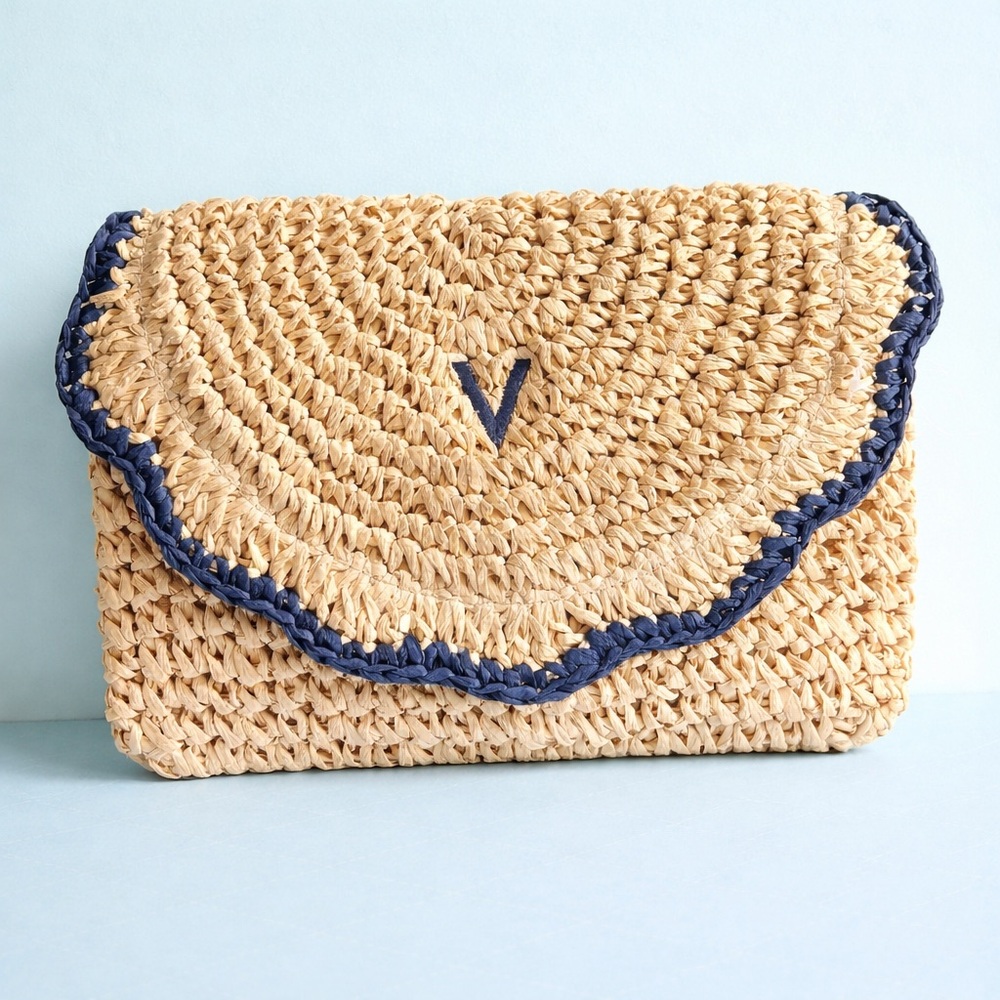 Pottery Barn Mark & Graham Scalloped Raffia Clutch Bag Natural Blue Monogram V